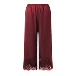 Women's Satin Lace Hem Capris Elastic Waist Loose Fit Wide Leg Pants Solid Color Lounge Street Casual Cropped Pants Summer