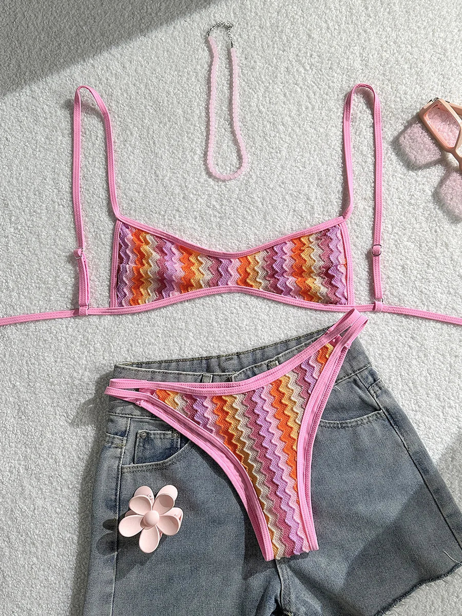 Crochet Striped Brazilian Bikini Women Swimsuit Female Swimwear Two-pieces Bikini Set High Leg Cut Bather Bathing Suit Swim Lady