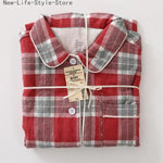 Men Brushed Cotton Vintage Plaid Stripe Pajama Set Lapel Collar Long Sleeve Top Pants Home Sleepwear Loungewear
