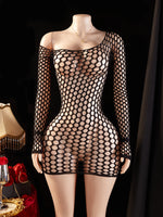Women Fishnet Mini Sexy Dress Mesh Hollow Out Perspective Bodycon Underwear Dress Erotic Costume Crotchless Lingerie Sex Clothes