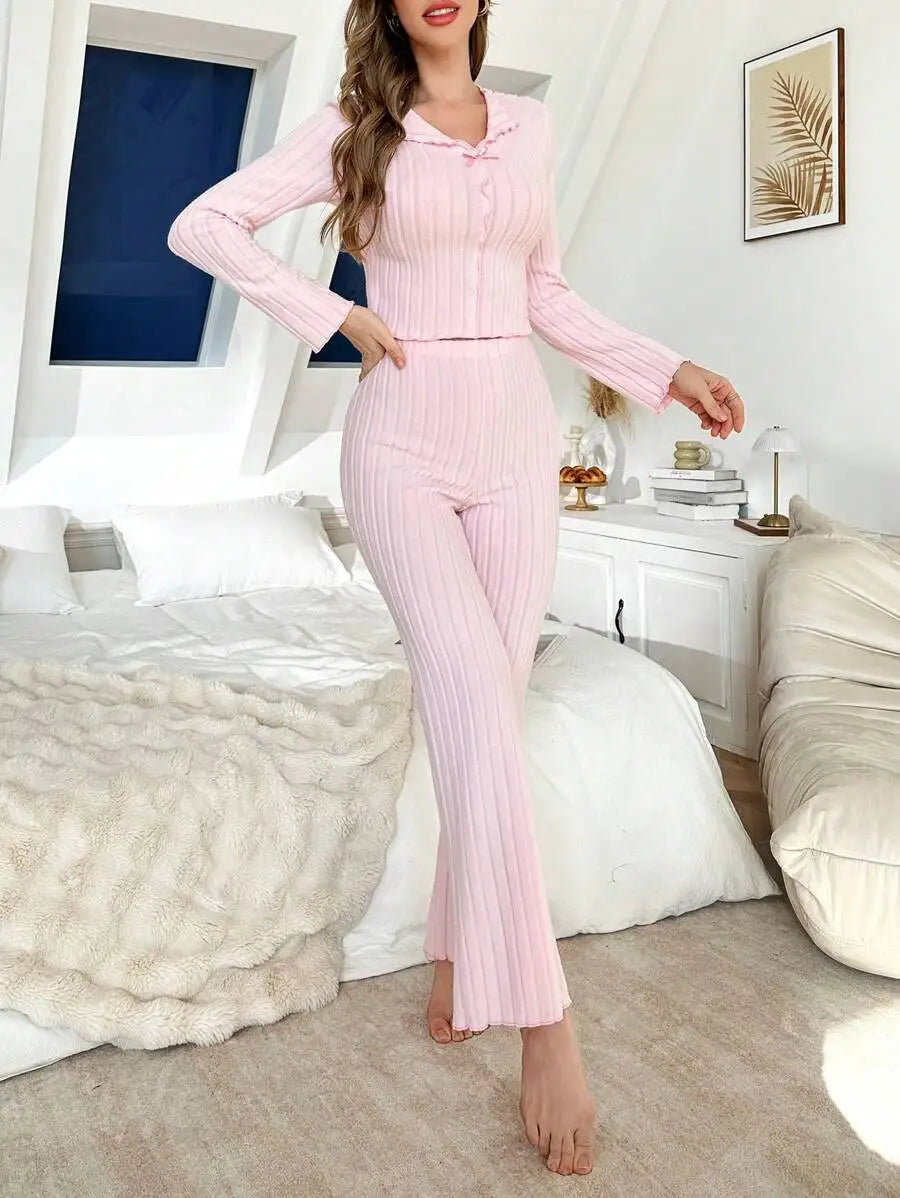 Autumn Winter Warm Sleepwear Women's Pajamas Set for Sleeping Long Sleeve Tops and Long Trousers Suit Home Clothes Lounger