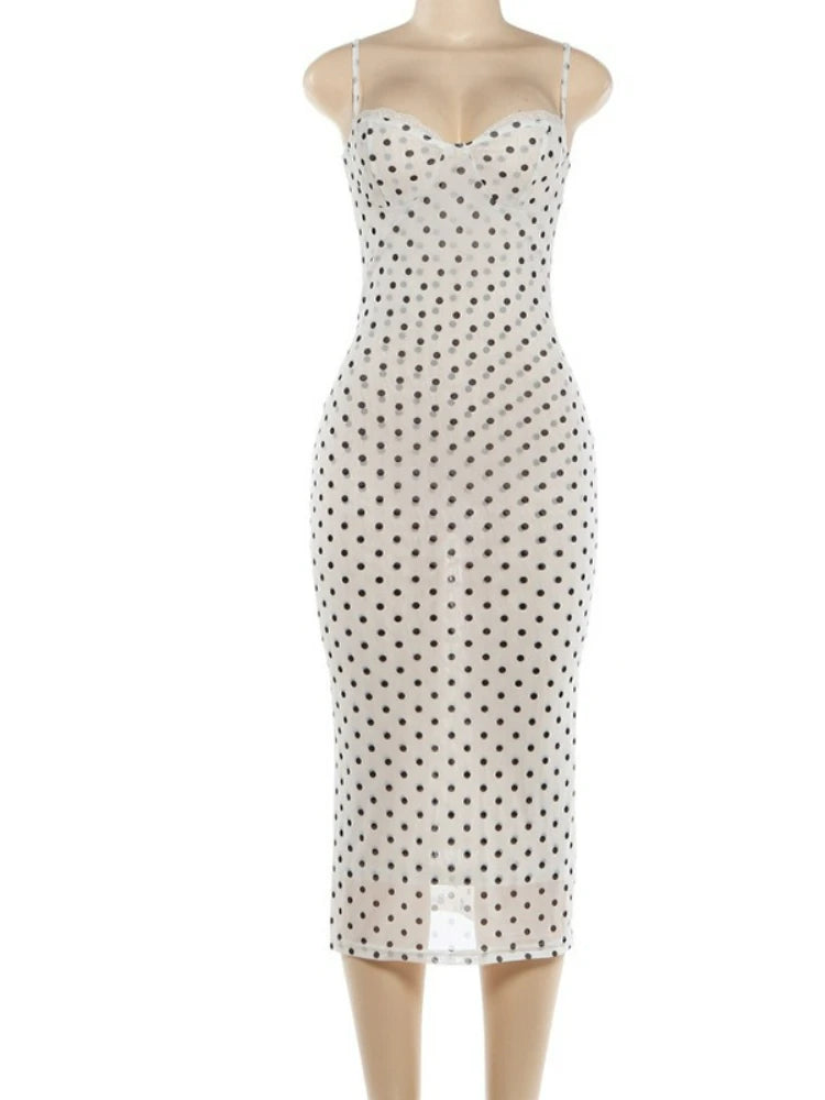 FDYOUI Woman Clothing Elegant Spaghetti Strap Polka Dot Midi Dress Ladies Sexy Lace Patchwork Sleeveless Slim Party Club Dresses