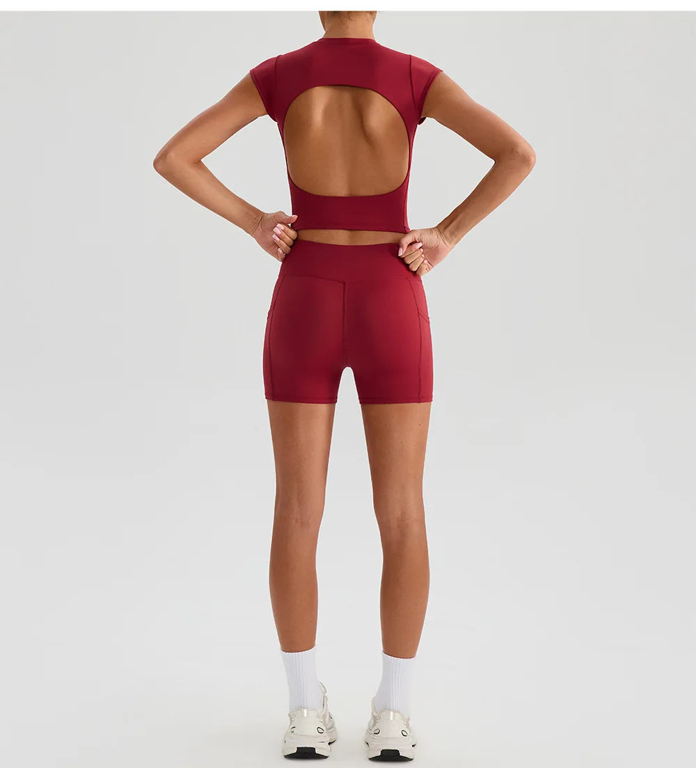 Yoga Shorts Sets Women Hanging Neck Hollow Back Sports T Shirts Sportsuit Gym High Waist Pocket Pants Fitness Workout Clothes