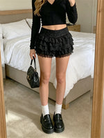 Women Lace Skorts High Waist Ruffle Layered Shorts Summer Gothic Casual Daily Short Pants Streetwear