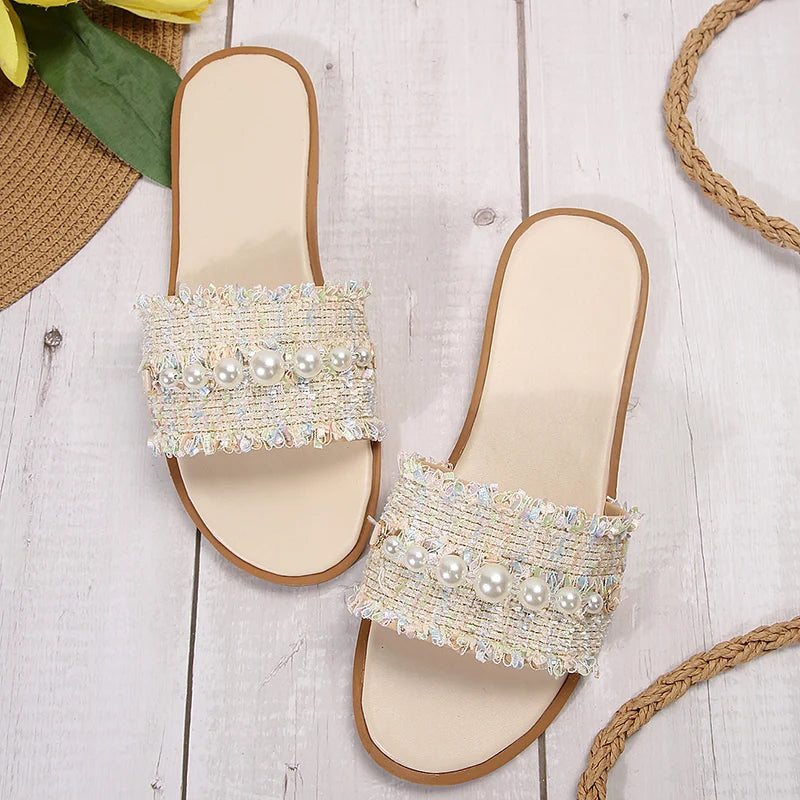 Fashion Tweed Cloth Flats Slippers Women 2025 String Bead Plus Size 36-43 Summer Sandals Woman Lightweight Outdoor Slides Female