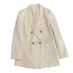 Women Suit Coat Lapel Long Sleeve Double Placket Suit Jacket with Pockets Solid Color Loose Fit Mid-length Business Outerwear