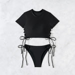 2026 New 2 Piece Swimsuit for Women Solid Color Sexy Drawstring Short Sleeve Bikini Set Beach Vacation Bathing Suit Swimwear