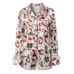 Womens Satin Christmas Pajamas Sets Print Button Up Long Sleeve Lapel V Neck Tops and Shorts Lounge Wear 2 Pieces Suits