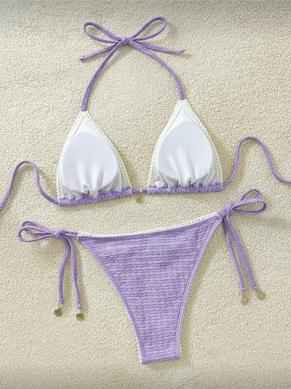 High Cut Leg Two-Pieces Bikini Set Bather Bathing Suit Swim Wrinkled Crinkled Halter Bikini Women Swimwear Female Swimsuit M125