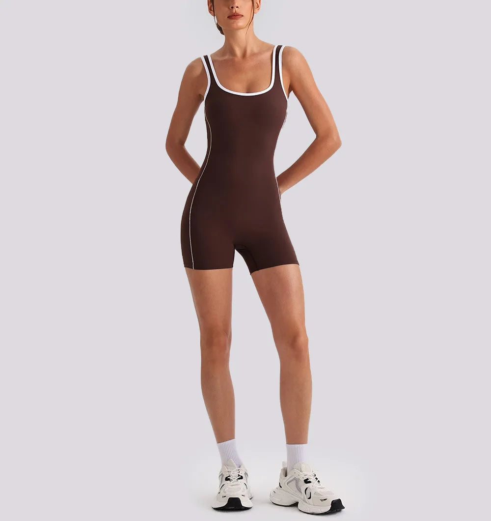 Sexy Sleeveless Backless Scrunch Yoga Jumpsuit Women Color-block U Neck Slim Sports One Piece Suits Tight Fitness Gym Overalls