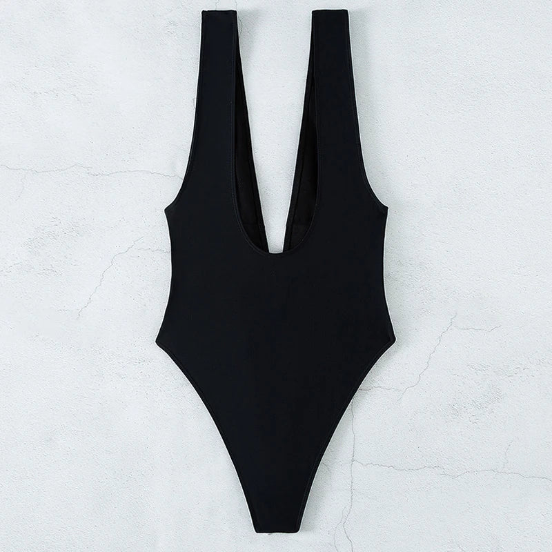 Black One Piece Swimsuit for Women 2026 Summer New Bikini,high Waist Contrast Belt Swimwear,deep-V Neck Backless Bathing Suit
