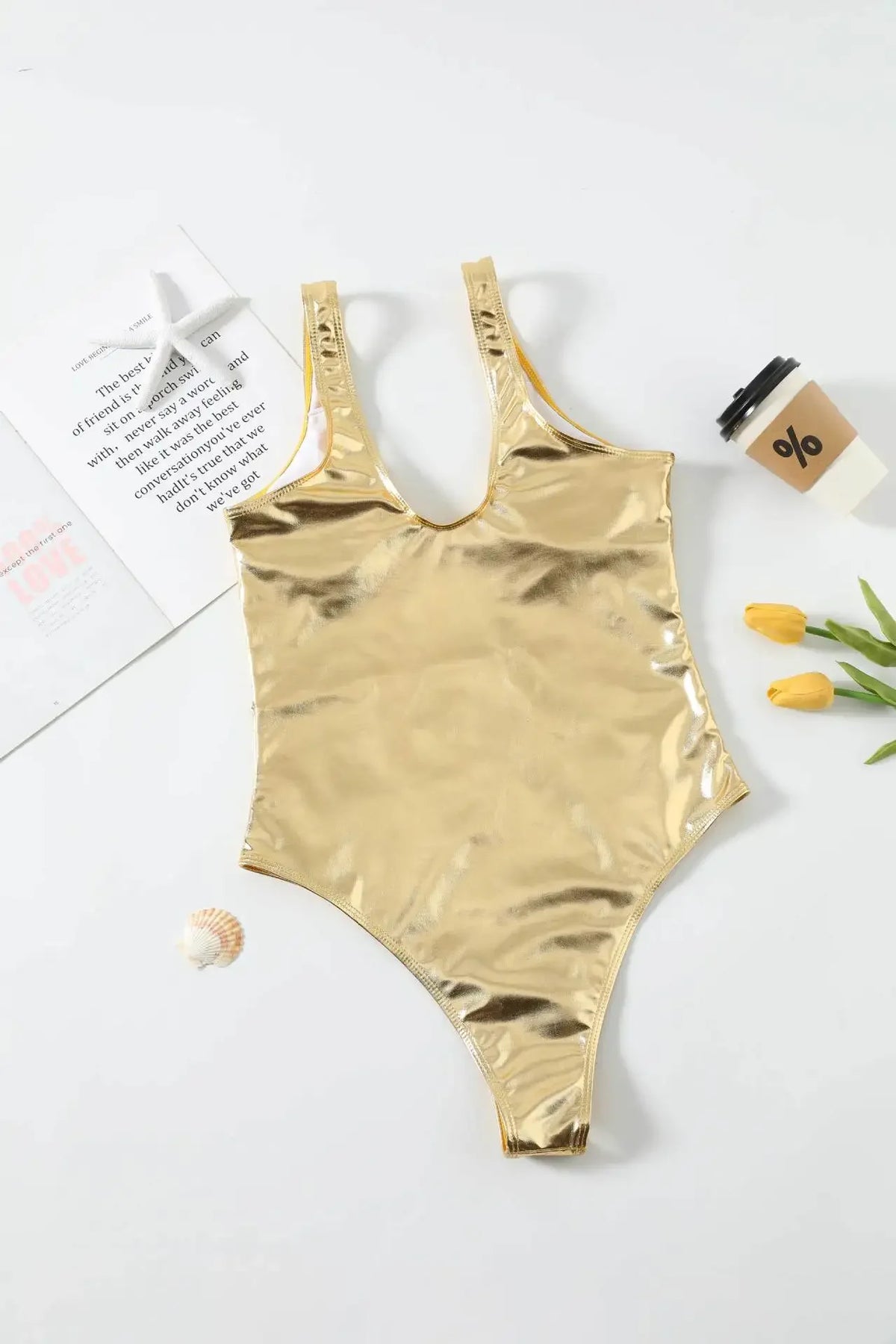 Sexy Gold Leather Swimsuit 2026 Women Shiny Padded Beach One Piece Swimwear Summer Bathing Suit Slim Tummy Control Monokini
