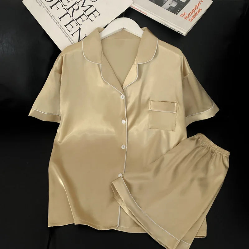 Sweet Simple Ice Silk Pajamas for WomenThin Short-sleeved Home Clothes Suit Nightwear Women's Pajamas Set Nightie Summer