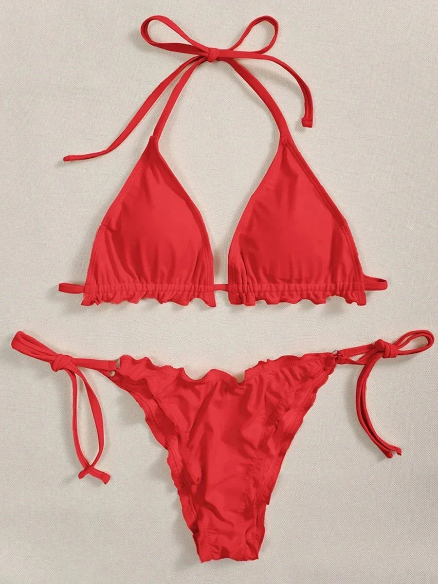 Ribbed Ruffled Frilled Brazilian Bikini Women Swimsuit Female Swimwear Two Pieces Bikini Set Halter String Bathing Suit Swim