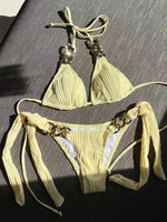 Halter Metal Rings Bikinis Wrinkled Bikini Female Swimsuit Women Swimwear Two-pieces Bikini Set High Cut Bathing Suit Swim Lady