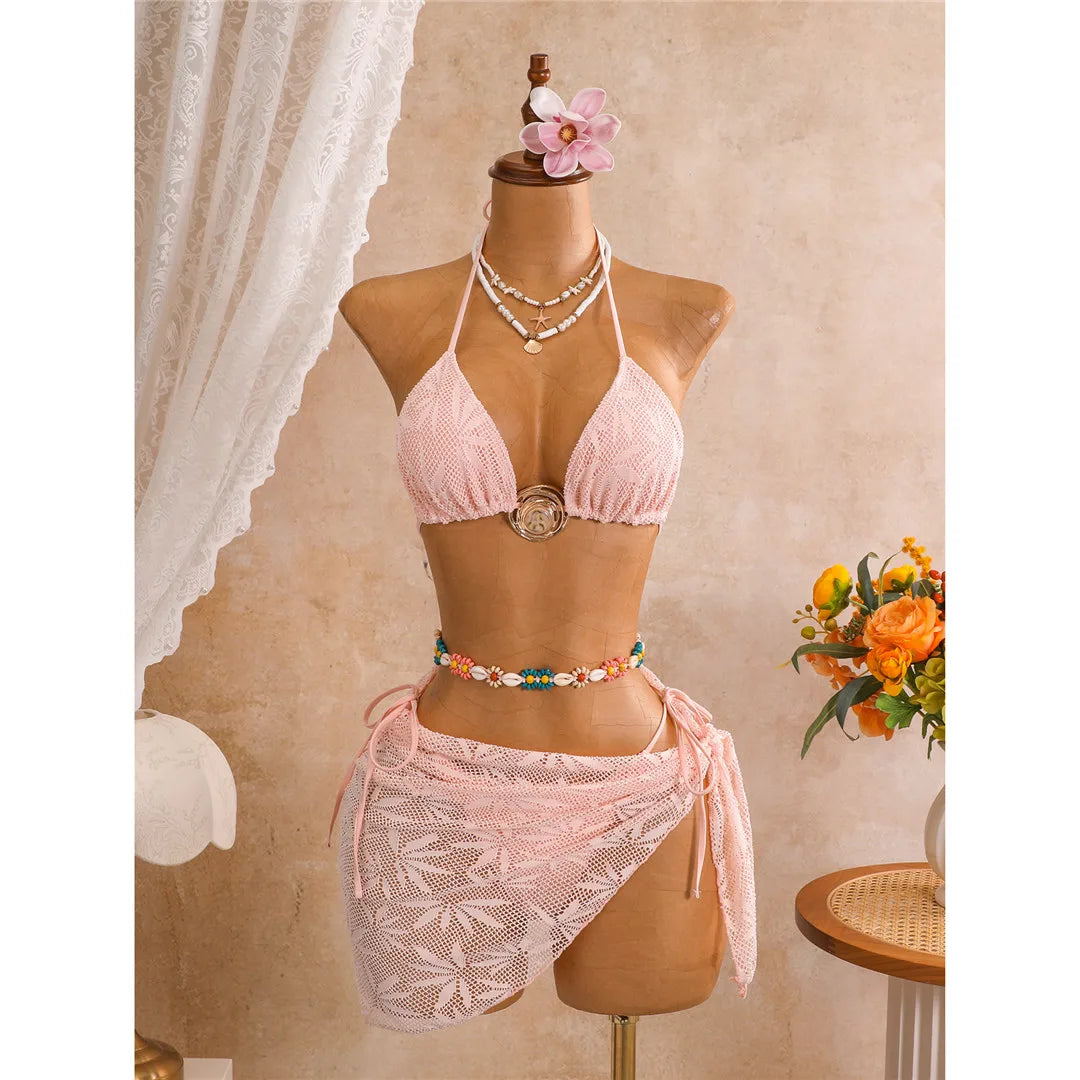New Leaves Printed Halter Bikini Suit Female Swimsuit Women Swimwear Bather Bathing Suit Swim Three-Pieces Bikini Set