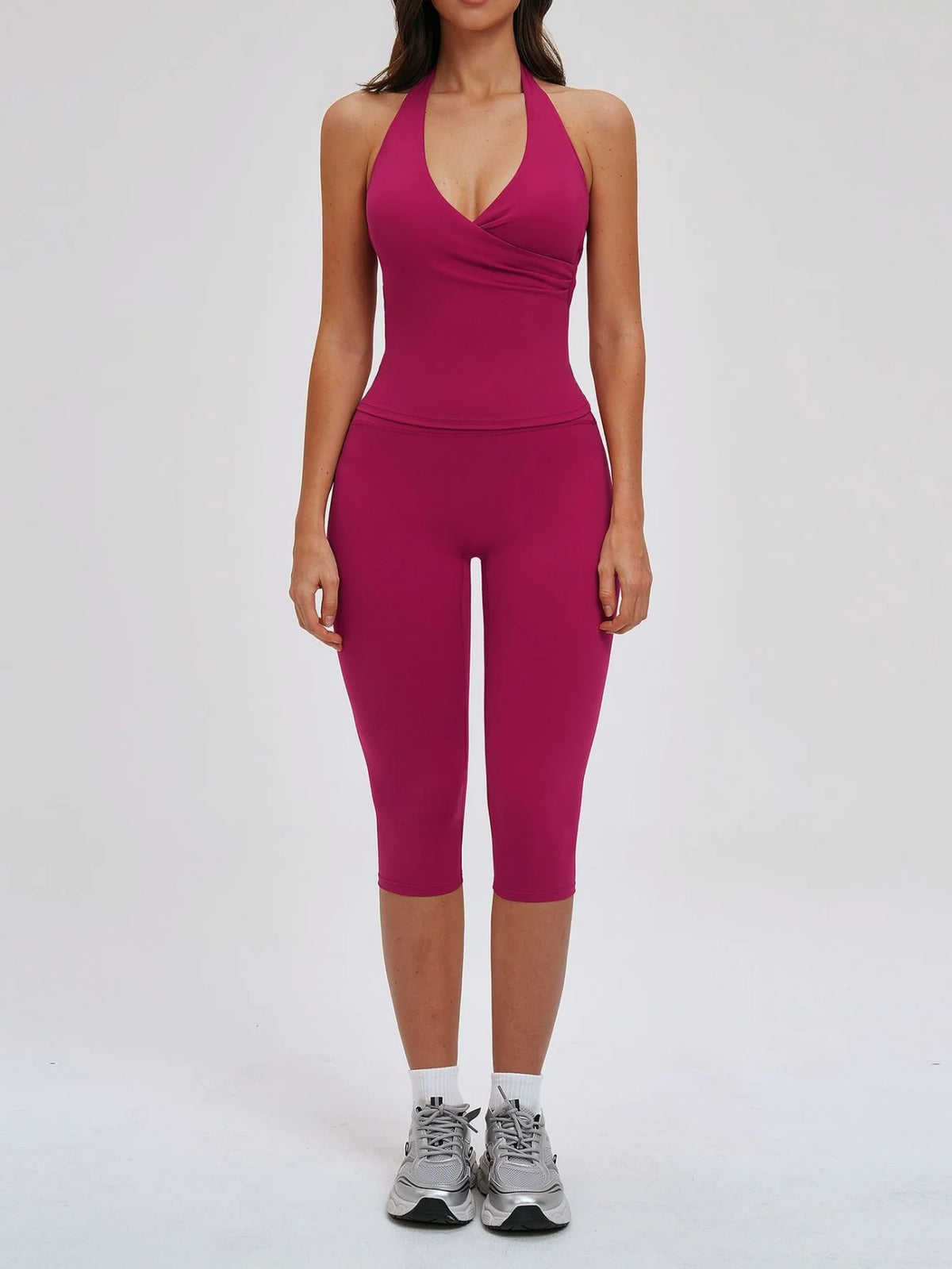 2PCS Workout Set Women Yoga Sets V Neck Cross Slim Sports Tank Top Athletic Wear Outdoor Tight High Waist Leggings Fitness Suits