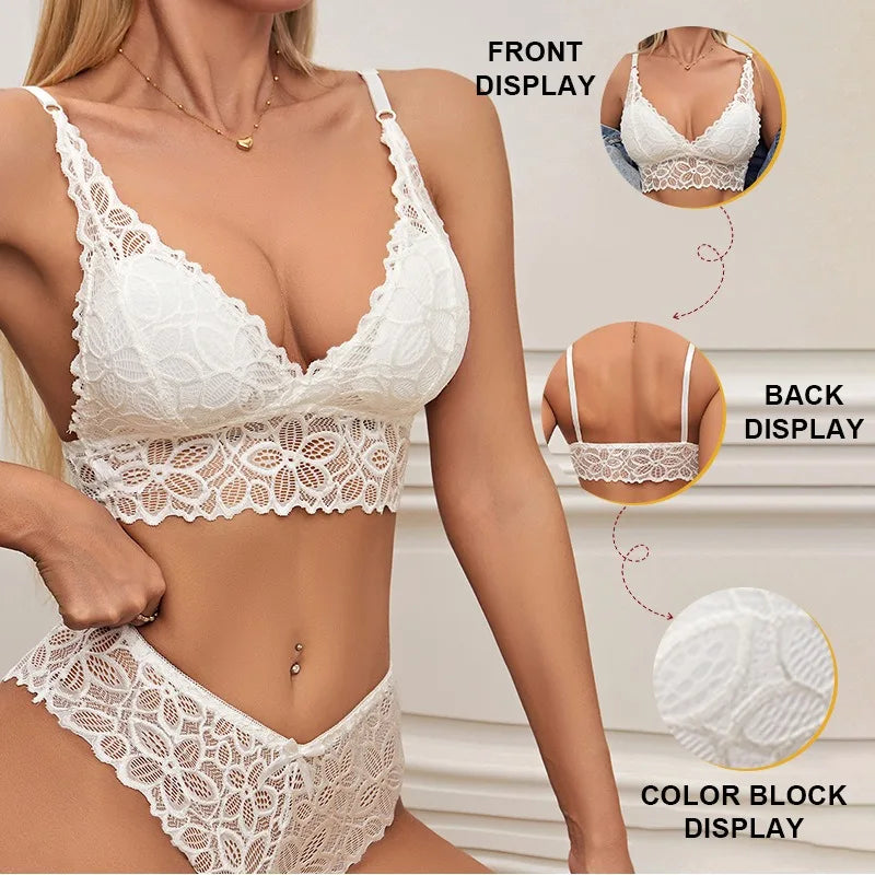 Women Lace Bra and Panties Set V-Neck Hollow Lace Underwear Set Embroidery Scallop Edge Bralette Sexy Lingerie Set Intimates