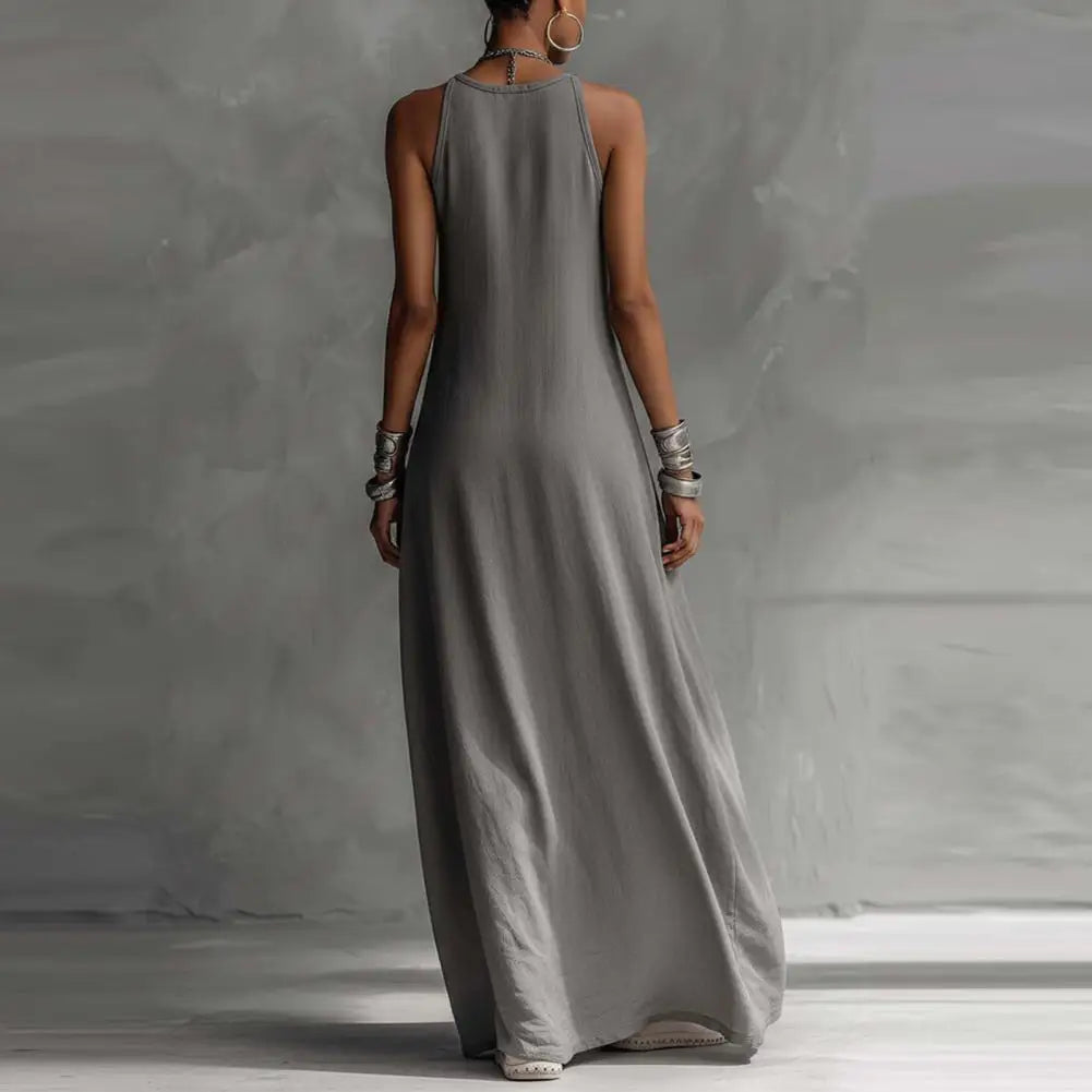 Summer Casual Beach Sundress with Pockets Women's Flowy Long Tank Top Side Split Crew Neck Sleeveless Maxi Dress