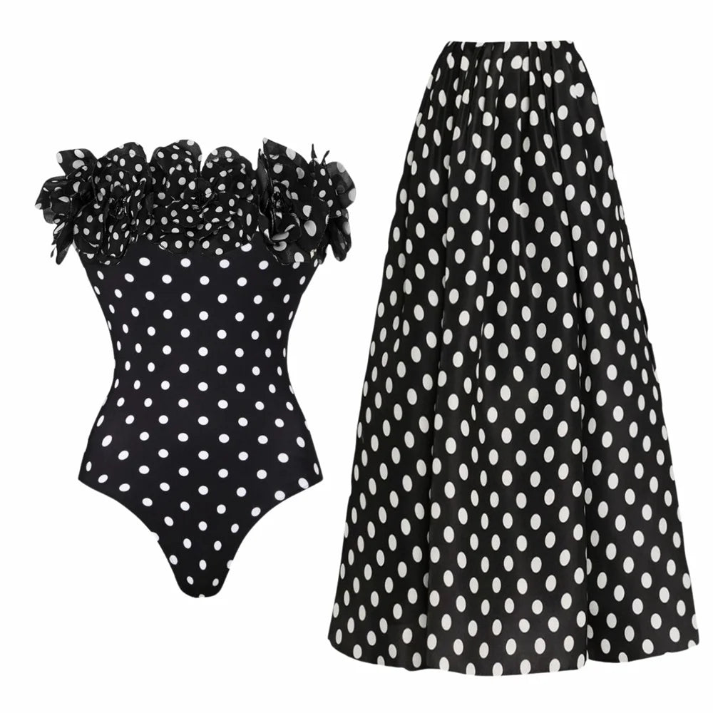 Black Dot Print One Piece Swimsuit Pleate Long Skirt Set 2026 Women Vintage Bandeau Ruffle Push Up Bathing Suit Holiday Swimwear