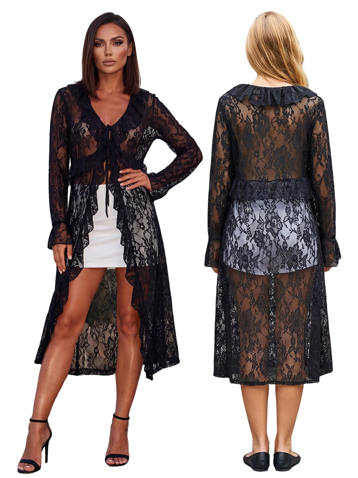 Women Casual Lightweight Floral Lace Ruffles Cover-ups Long Duster Summer Solid Color Tie Front Cardigan