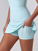 Front Zipper Tennis Dresses Women Summer Sleeveless Sports Athletic Dress Outdoor Cross Backless Pocket Short Workout Skirts