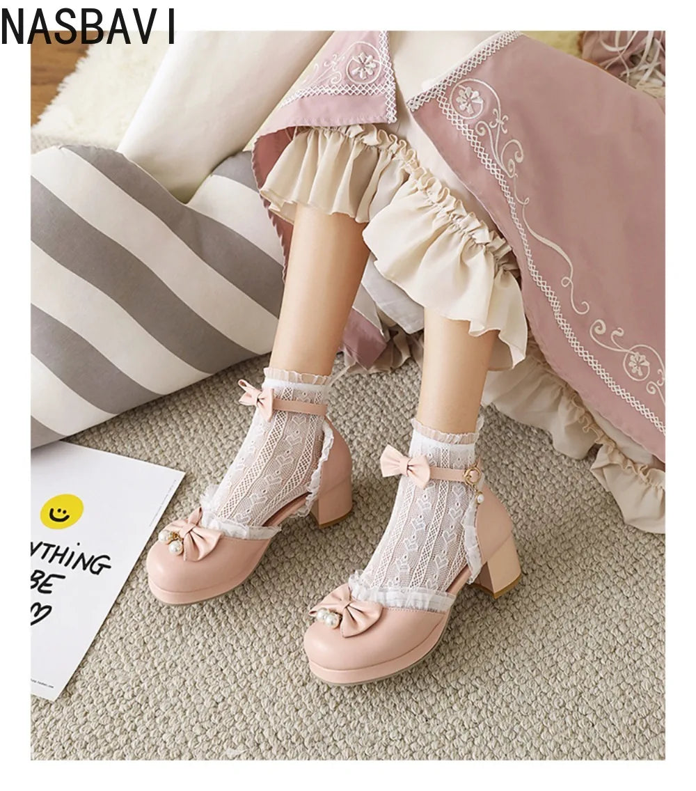 Girls Women 2026 Lolita Square Heeled Leather Single Shoes White Bow Lolita Mary Janes Summer Buckle Strap Sandals Dress Shoes