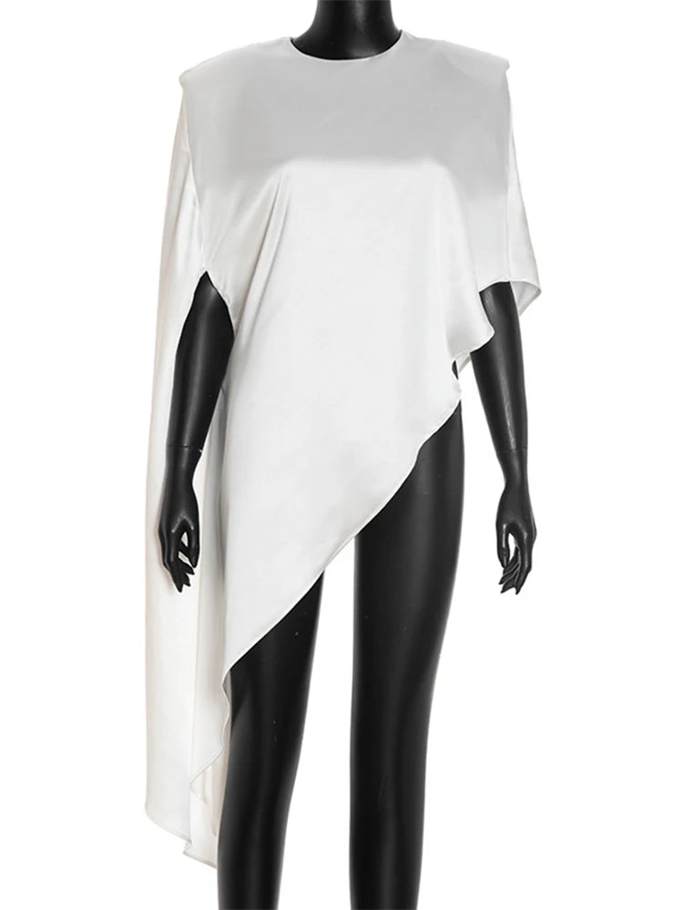 Trendix White Asymmetrical Cover Up For Women Fashion Ruffle Hem Loose Short Sleeve Shirts Casual Elegant Commuting Pullover Top