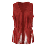 Women Tassel Fringe Vest Sleeveless Solid Waistcoat V Neck Open Front Cardigan Vintage Hippie Clothes Cowboy Cosplay Jacket