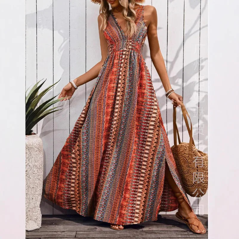 Bohemian Style Print Sleeveless Long Dresses Women Summer V-neck Backless Leace-up Slit Dress Casual Lady Vacation Vestidos