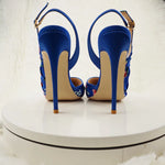 NoEnName_Null-Blue satin women's high heel sandals, dance, flowers, Silk patterned high-heeled shoes 12cmBanquet shoes