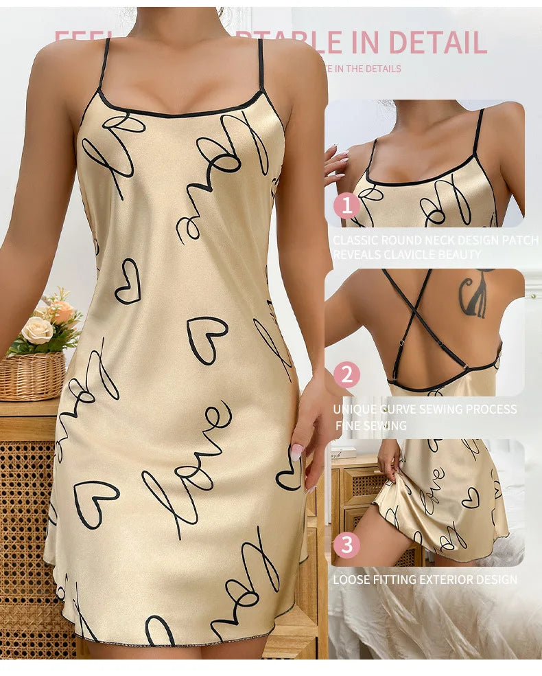 Heart Letter Print Nightdress Casual Round Neck Spaghetti Strap Sleep Dress Women's Sleepwear Dresses