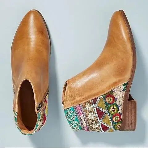 2019 New Women Embroider High Ankle Shoes Boots Wine Red Flock Leather Plus Size Zipper Rivet Flower Shoes