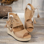 Summer Khaki Suede Leather Women's Thicken High Heels Hollow Out Sandals Sexy Elegant Platform Wedges Open Toe Ladies Shoes