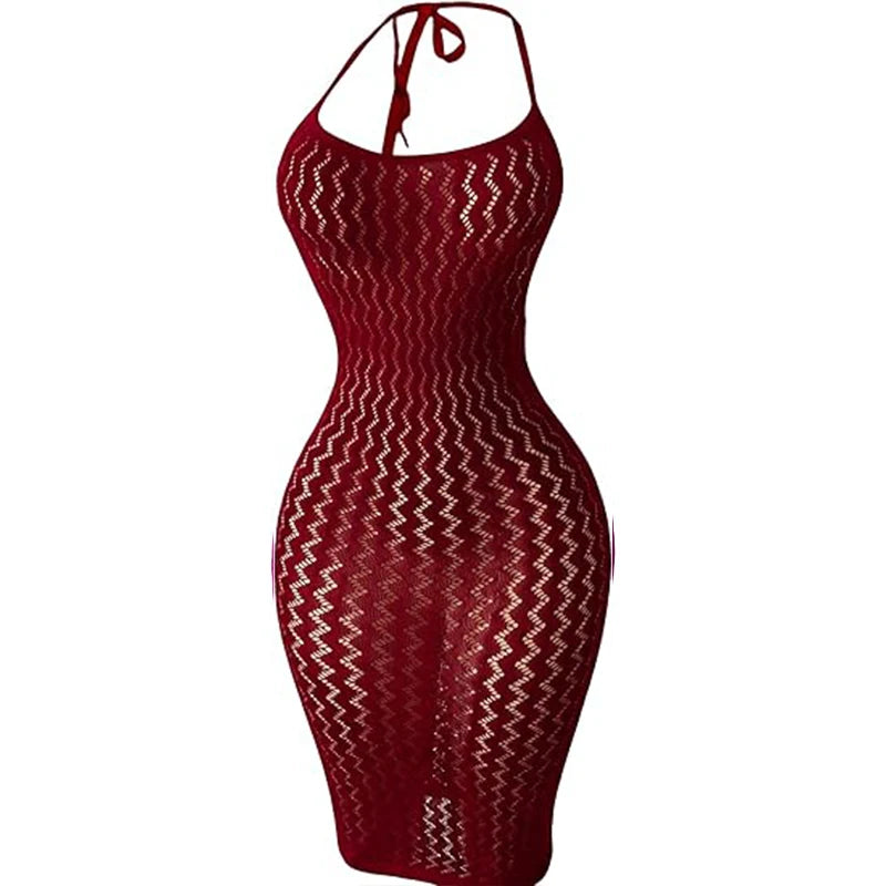 Fishnet Women Sexy Beach Cover Up Dress Women Stretch See Through Sleeveless without Bikini Swimsuit Coverup Mini Beachwea