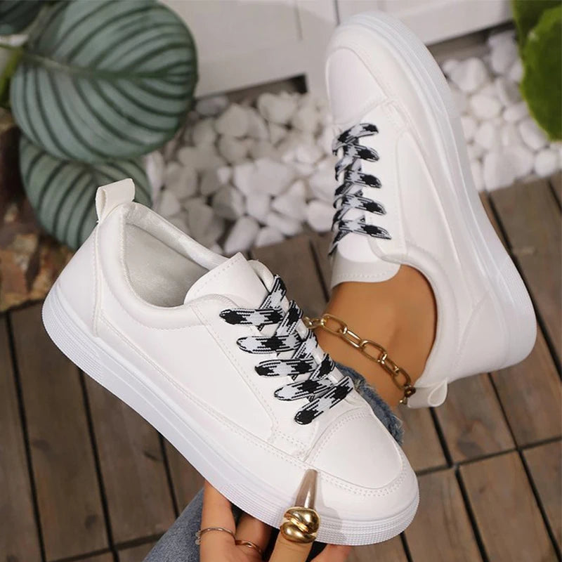 All Match Patchwork Lace Up Sneakers Women Faux Pu Leather Sports Shoes Woman Spring Autumn Non Slip Low Top Flats Shoes Mujer