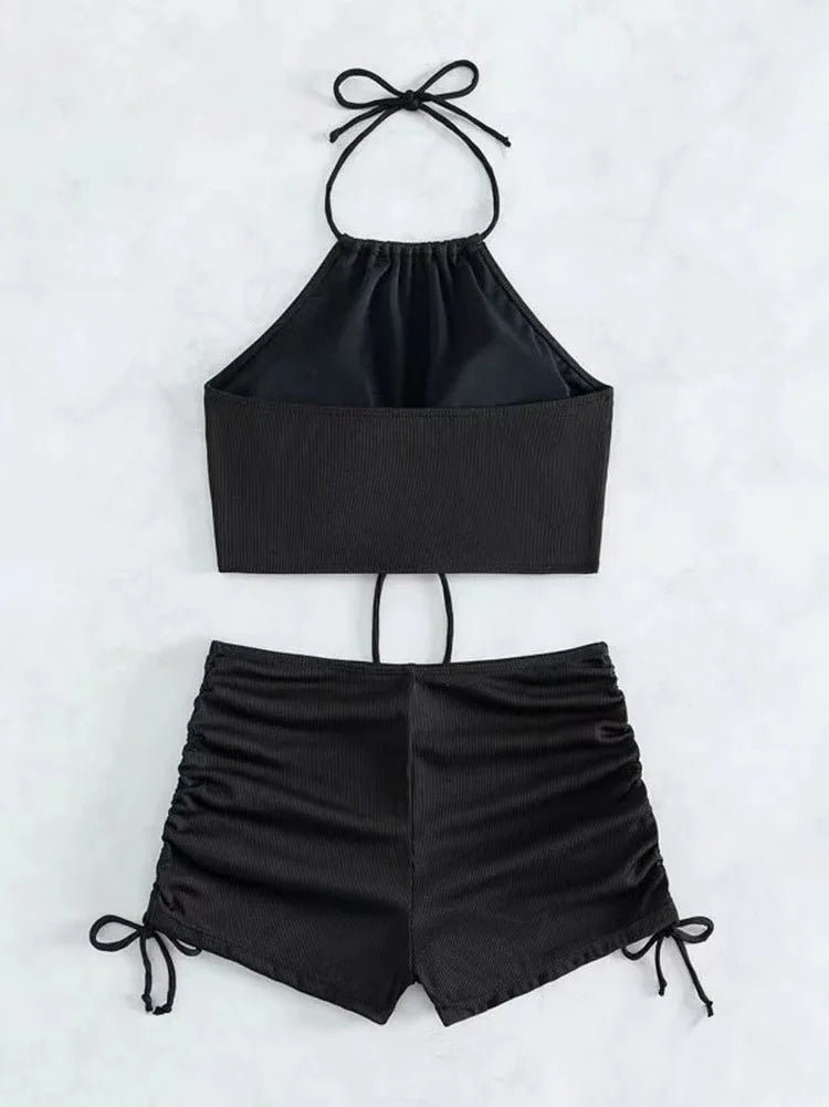 2024 Summer Black Swimsuits Shorts High Neck Bikini Sets Female Swimwear Sports Beach Wear Women's Two-Piece Bathing Suits Pool