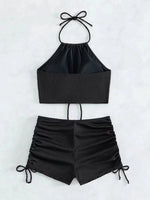 2024 Summer Black Swimsuits Shorts High Neck Bikini Sets Female Swimwear Sports Beach Wear Women's Two-Piece Bathing Suits Pool
