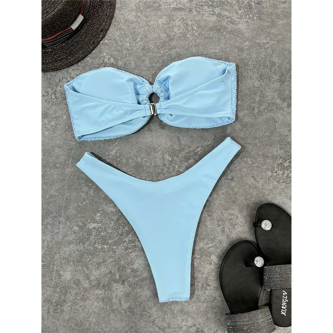Sexy Wrinkled Bandeau Strapless Bikini Women Swimwear Female Swimsuit Two-Pieces Bikini Set Bather Bathing Suit Swim Lady V3367L