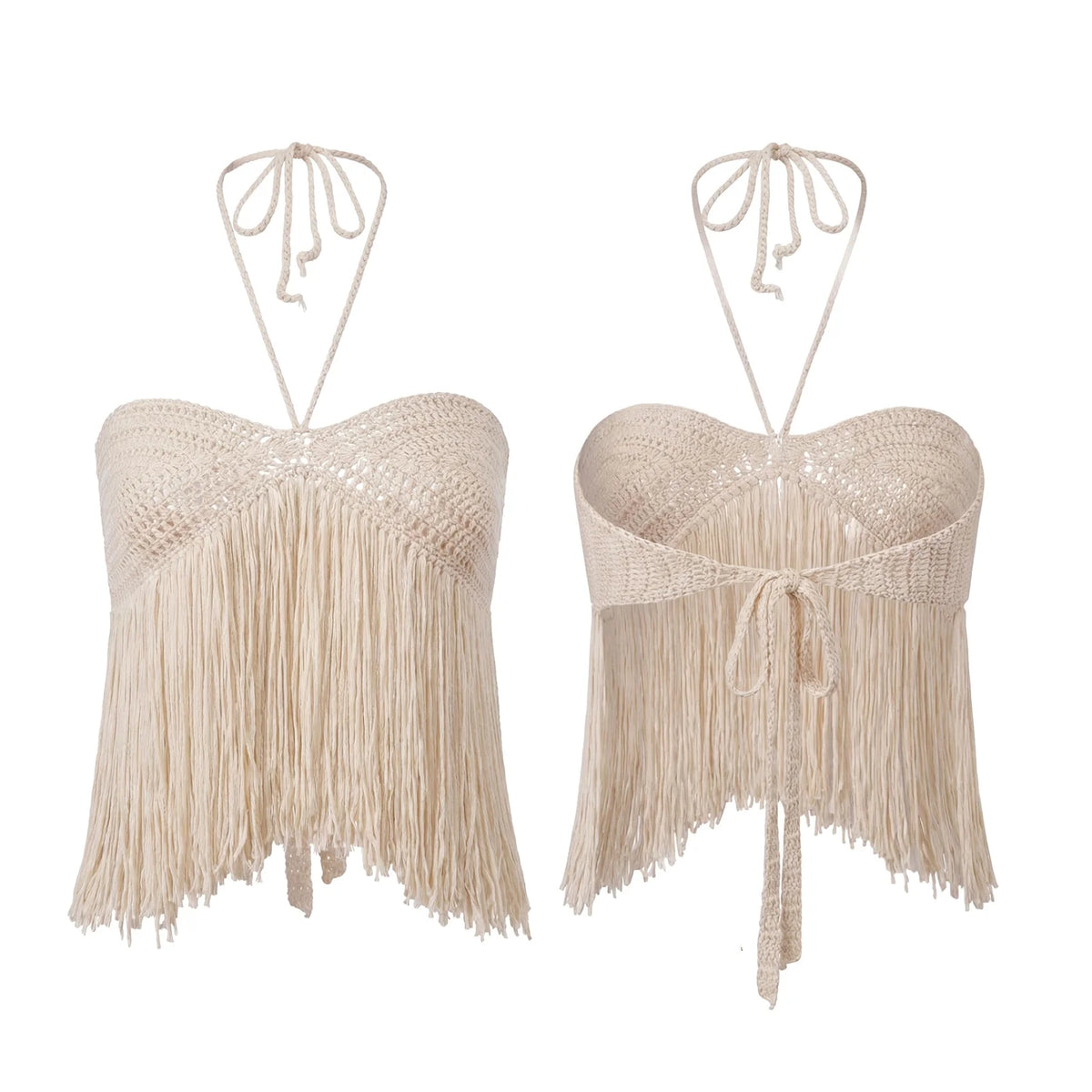 Women Tassel Hem Tank Tops Halter Open Back Sleeveless Shirts Summer Crochet Knit Crop Vest for Vacation Beach