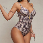 S - XL Printed Underwired V Neck Women Swimwear One Piece Swimsuit Female Lace Up High Leg Cut Bather Bathing Suit Swim V7552