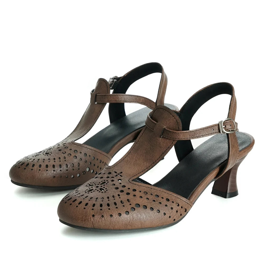 Big Size 32-50 Women's Vintage Cutout T-Strap Sandals Round Toe 6cm Kitten Heel Summer Casual Dance Shoes Black/Brown/White