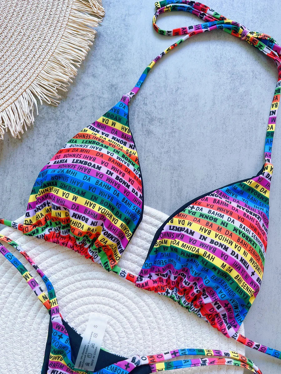2026 Letters Print Colorful Micro Mini Thong Bikini Women Swimwear Female Swimsuit Two-pieces Bikini Set Bathing Suit Swim Lady