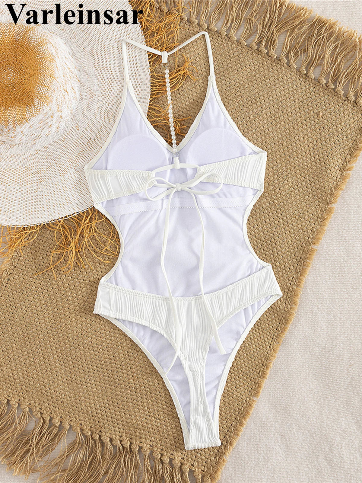 S - XL Sexy Pearls Wrinkled V Neck Women Swimwear One Piece Swimsuit Female Backless High Cut Leg Bather Bathing Suit Swim V7720