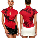 Women's Cheongsam Tops Mock Neck Short Sleeve Lace PatchworkBlouse Chinese Style Keyhole Summer Shirts
