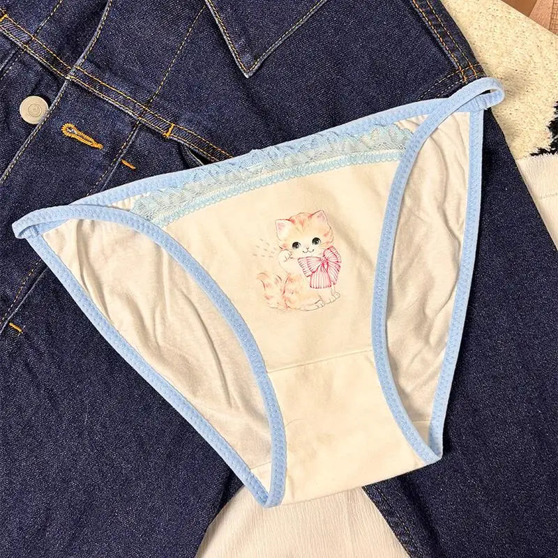 Cotton Girls Panties Cute Cat Sexy Japanese Lace Women Briefs Lady ThongUnderwear G String Female Low Waist Lingerie