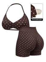 Sexy Black Polka Dot Print Seamless Yoga Sets Women Hanging Neck Pleate Sports Bra Tight High Waist Short Running Fitness Suits