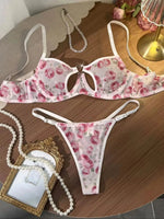 French Romantic Pink Rose Print Sheer Mesh Lingerie Set Heart Cutout Underwire Bra & Thong