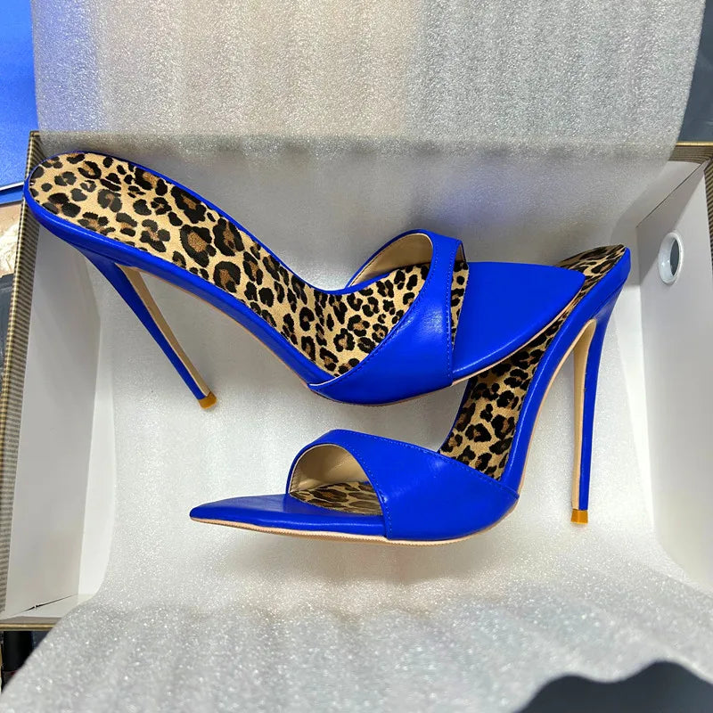 10cm Heeled Mules Candy Color Pointed Open Toe 12cm High Stiletto Heels Summer Party Dress Women's Slippers royal blue 12cm