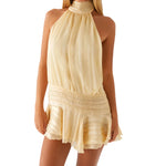 Women Summer Sexy Party Club Mini Halter Neck Dresses Pleated Sleeveless Open Back A-line Layered Ruffle Short Dress